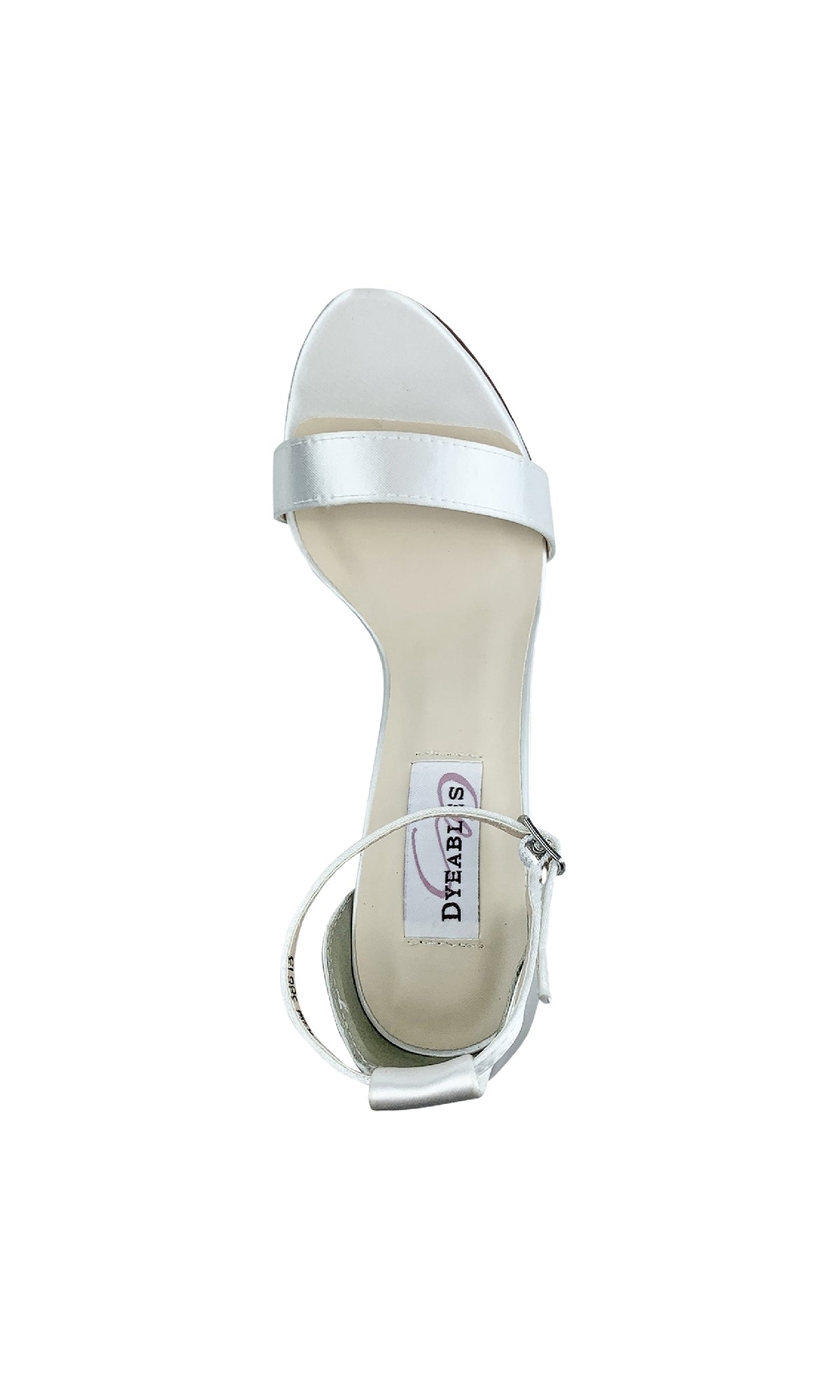 The Nayomi White Satin Prom Shoes: Dyeables 4353 is a single, open-toe stiletto heel with an ankle strap and buckle, shown from above against a white background.